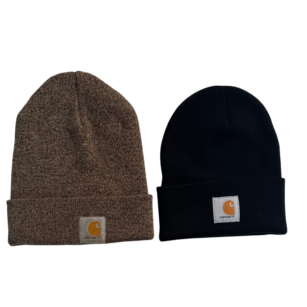 Carhartt A18 Watch Hat Beanie Bundle Black Dark Brown Heather Knit Cap 2 Pack